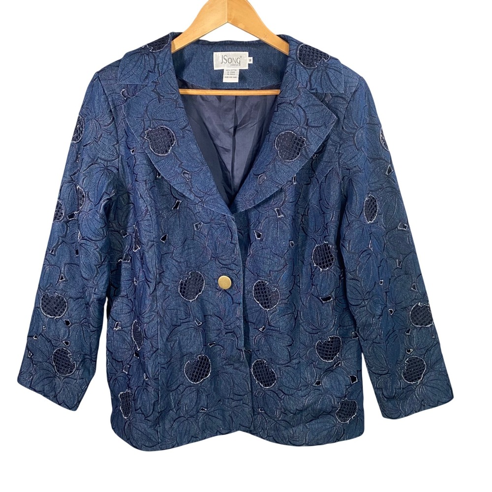 JSong Collection Floral Eyelet Denim Blazer Womens 14 Embroidered Jacket‎ Boho